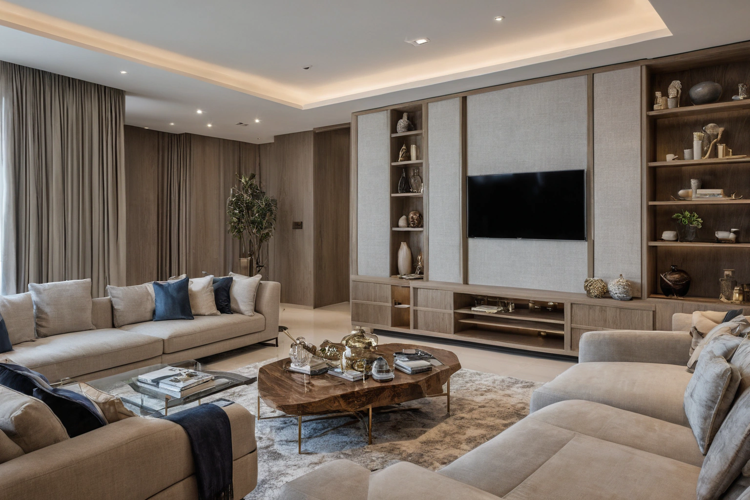 Finished modern Dubai apartment living room after redesign