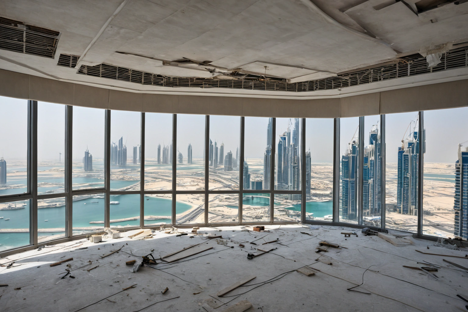 Dubai apartment mid-renovation with skyline view
